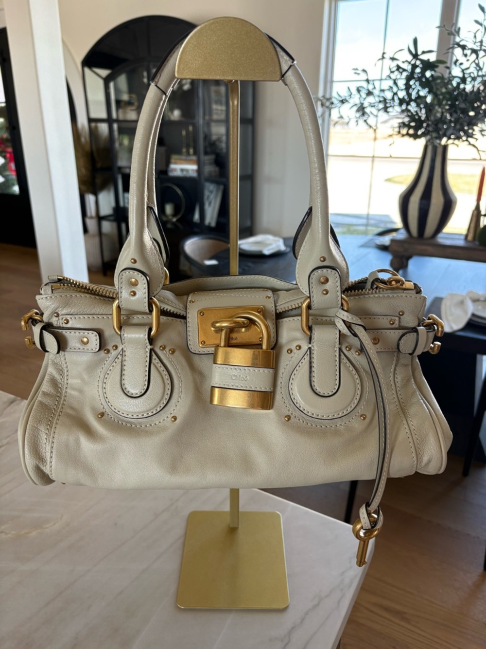 Chloe Cream Leather Shoulder Bag with Gold Hardware